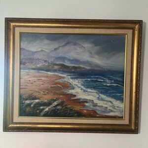 Vintage Original Coastal Landscape Framed Art in Gold and Blue